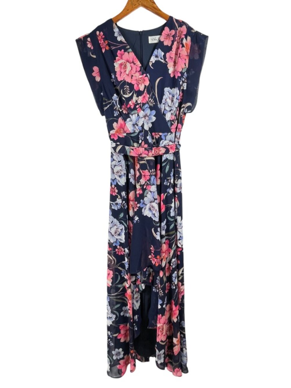 Eliza J Navy Floral Chiffon Wrap Maxi Dress Belted Size 8 Petite - Picture 15 of 15